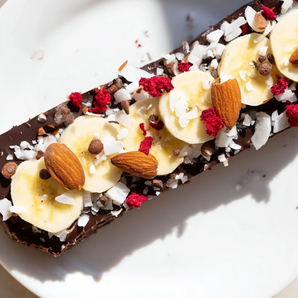 Homemade chocolate banana bark, a refreshing dessert layered with bananas and dark chocolate.