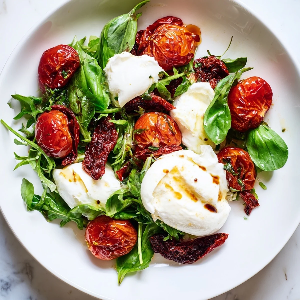 Vibrant Tomato Flight Salad with roasted tomatoes, creamy burrata, and fresh basil, a delicious Italian-inspired starter.