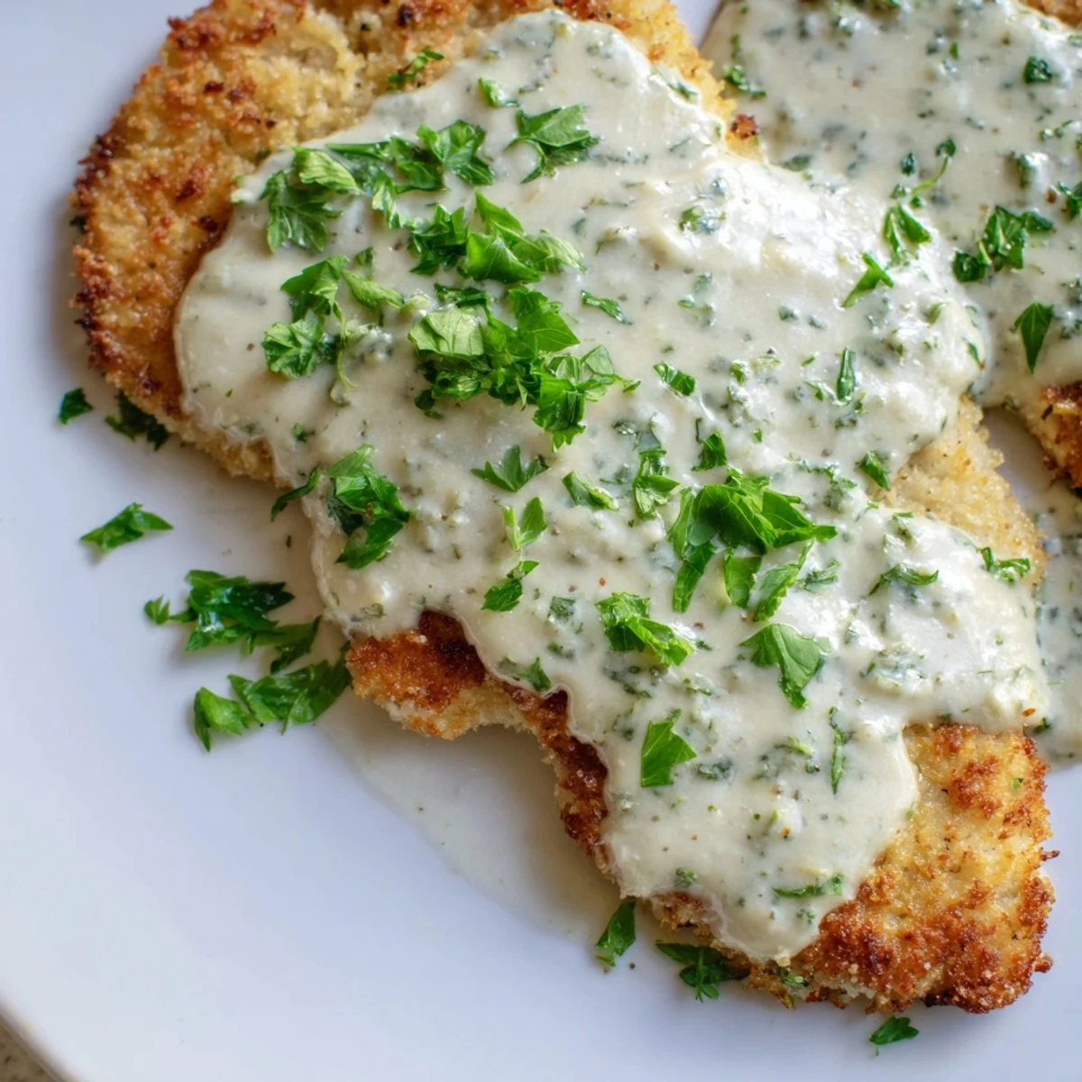 Golden Crispy Chicken with Garlic Cream Sauce, perfectly pan-fried and glistening with creamy sauce.