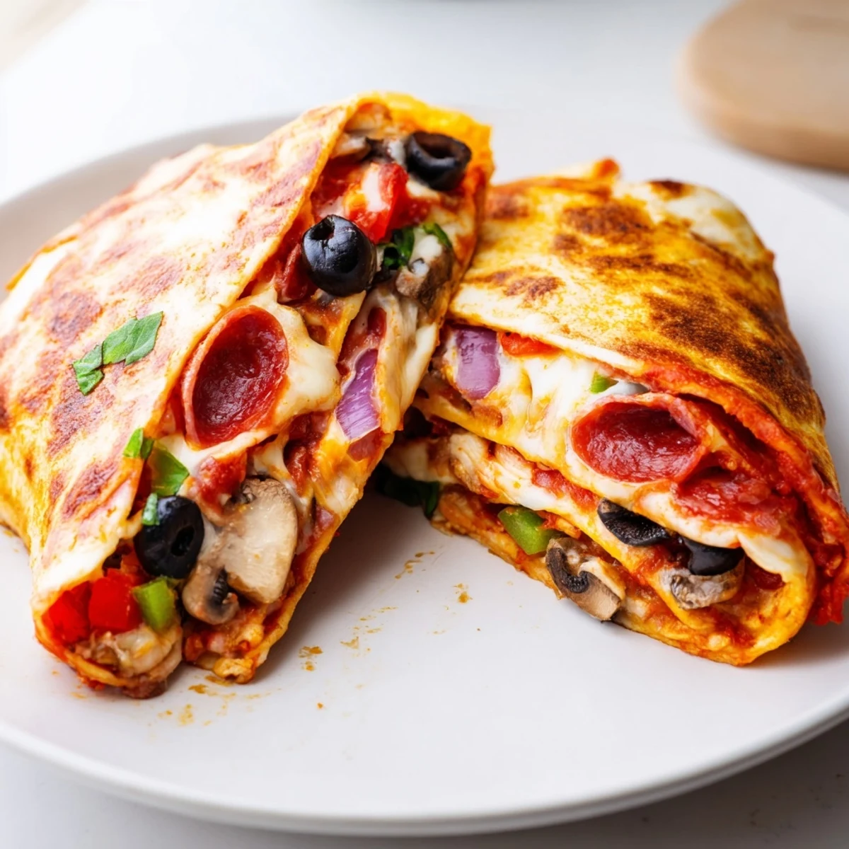 Golden, melty tortilla pizza wrap, filled with pepperoni and oozing cheese, ready to enjoy.