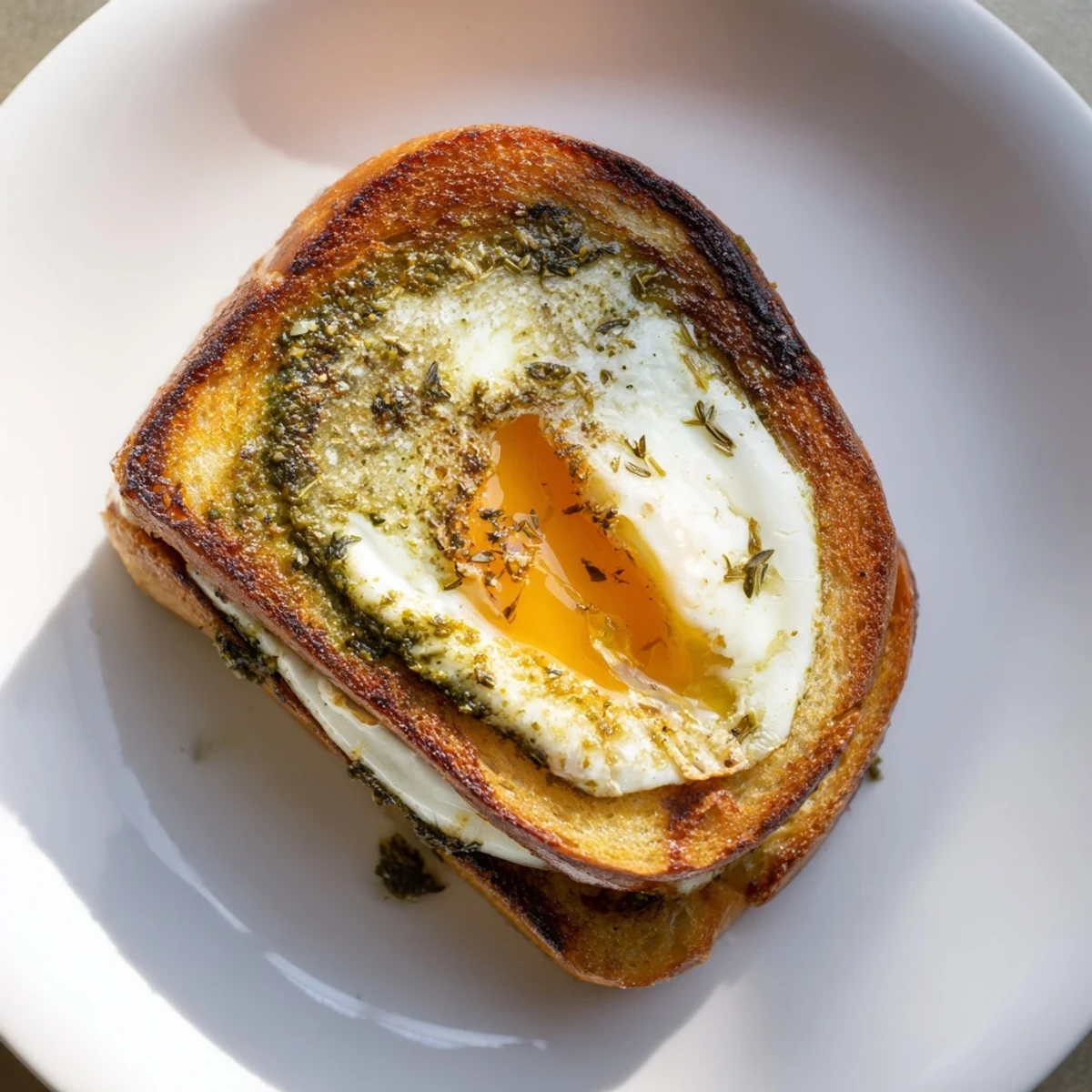 Melting mozzarella and a pesto-coated egg on sourdough create this gourmet pesto egg grilled cheese.