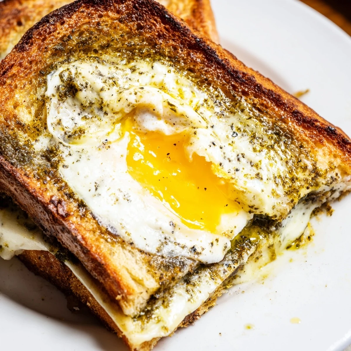 Golden-brown pesto egg grilled cheese with cheese pull, a delicious comfort food sandwich.