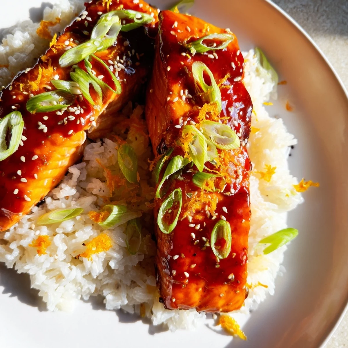 Golden, caramelized Sticky Orange Salmon served atop fluffy rice, ready to enjoy.