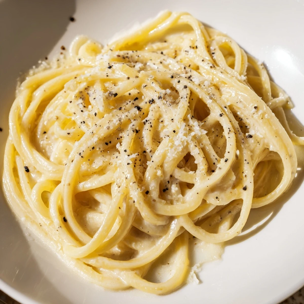 Steaming bowl of Lazy Girl Three-Ingredient Pasta with creamy sauce, ready to serve and enjoy.