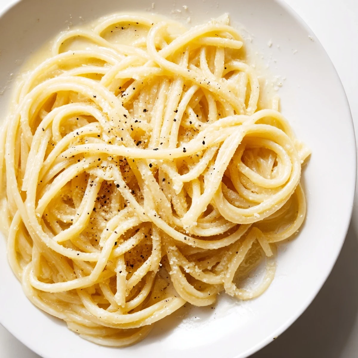 A close-up shot of the perfectly sauced Lazy Girl Three-Ingredient Pasta, glistening with melted butter and cheese.