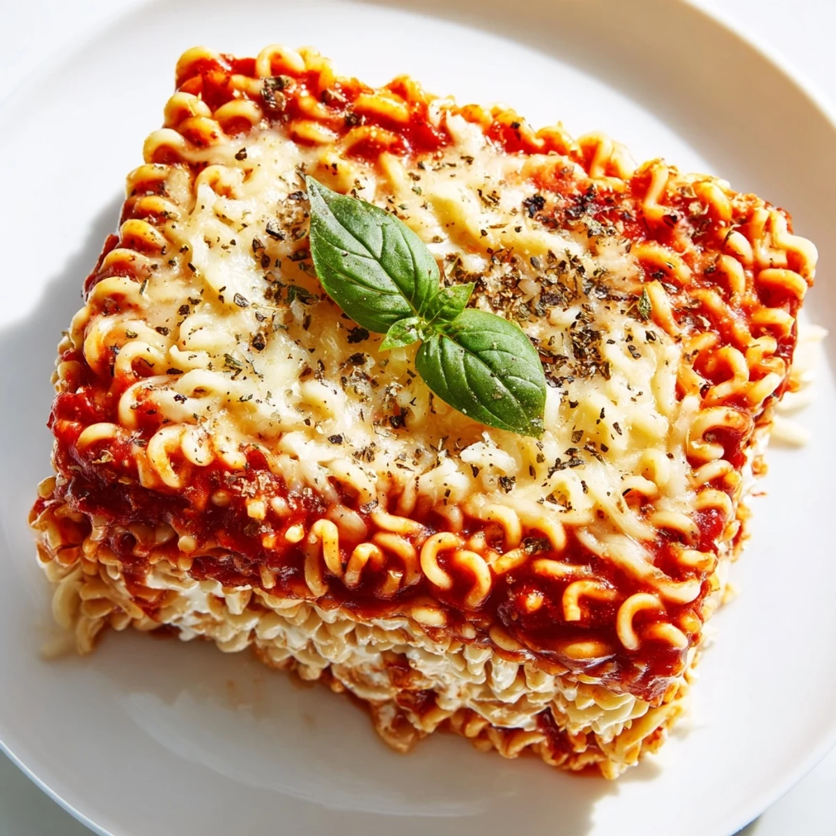 Golden, bubbly Ramen Lasagna, a fun, vegetarian comfort food creation, ready to devour tonight.