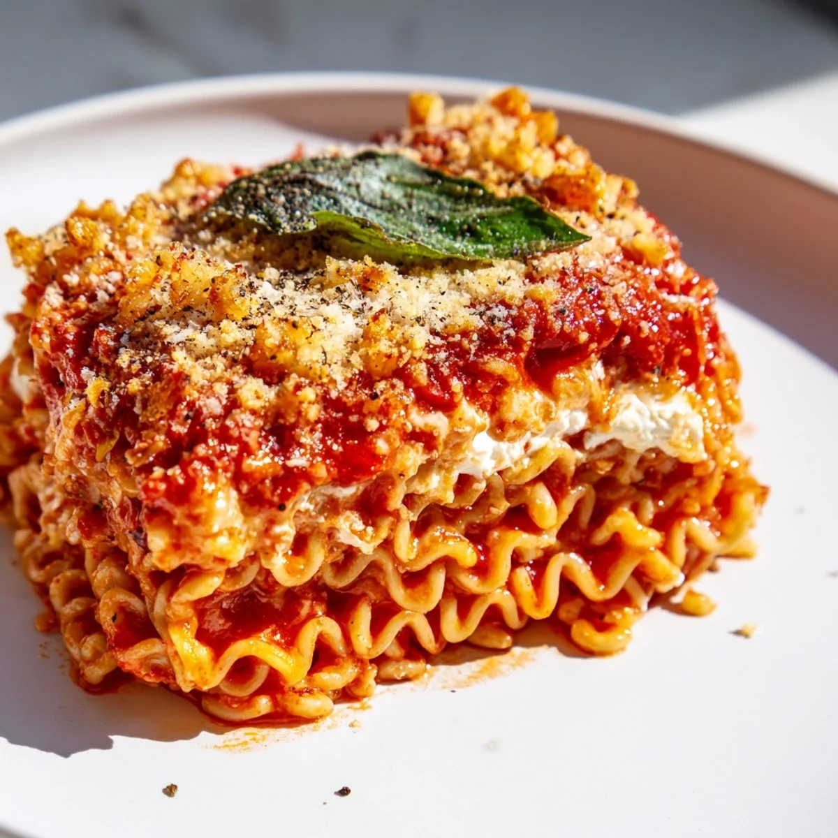 Close-up of bubbling Ramen Lasagna with melted cheese and rich tomato sauce; a perfect dinner.