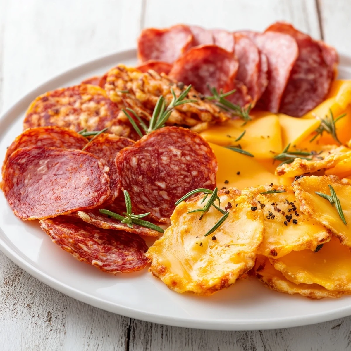 Golden, bubbly cheese crisps and savory charcuterie chips, the ideal party snack visually described.