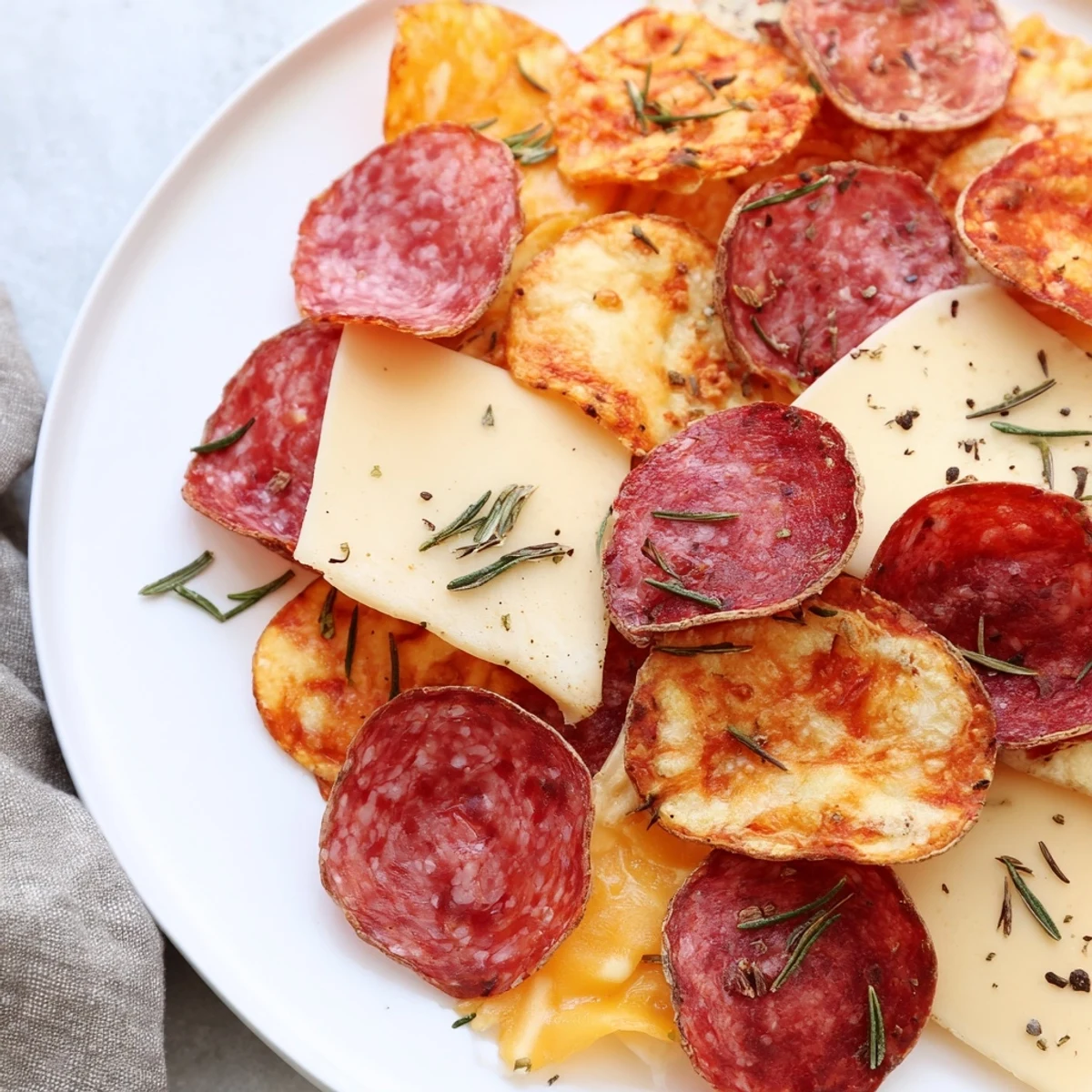 Crispy charcuterie chips, a platter of golden baked meats and cheeses, perfect appetizer.
