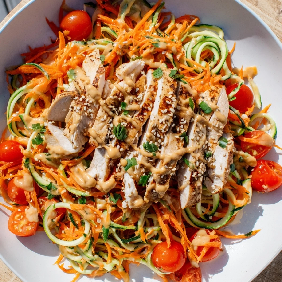 Vibrant Protein Cucumber Salad with grilled chicken, sesame dressing, and fresh cilantro garnish.
