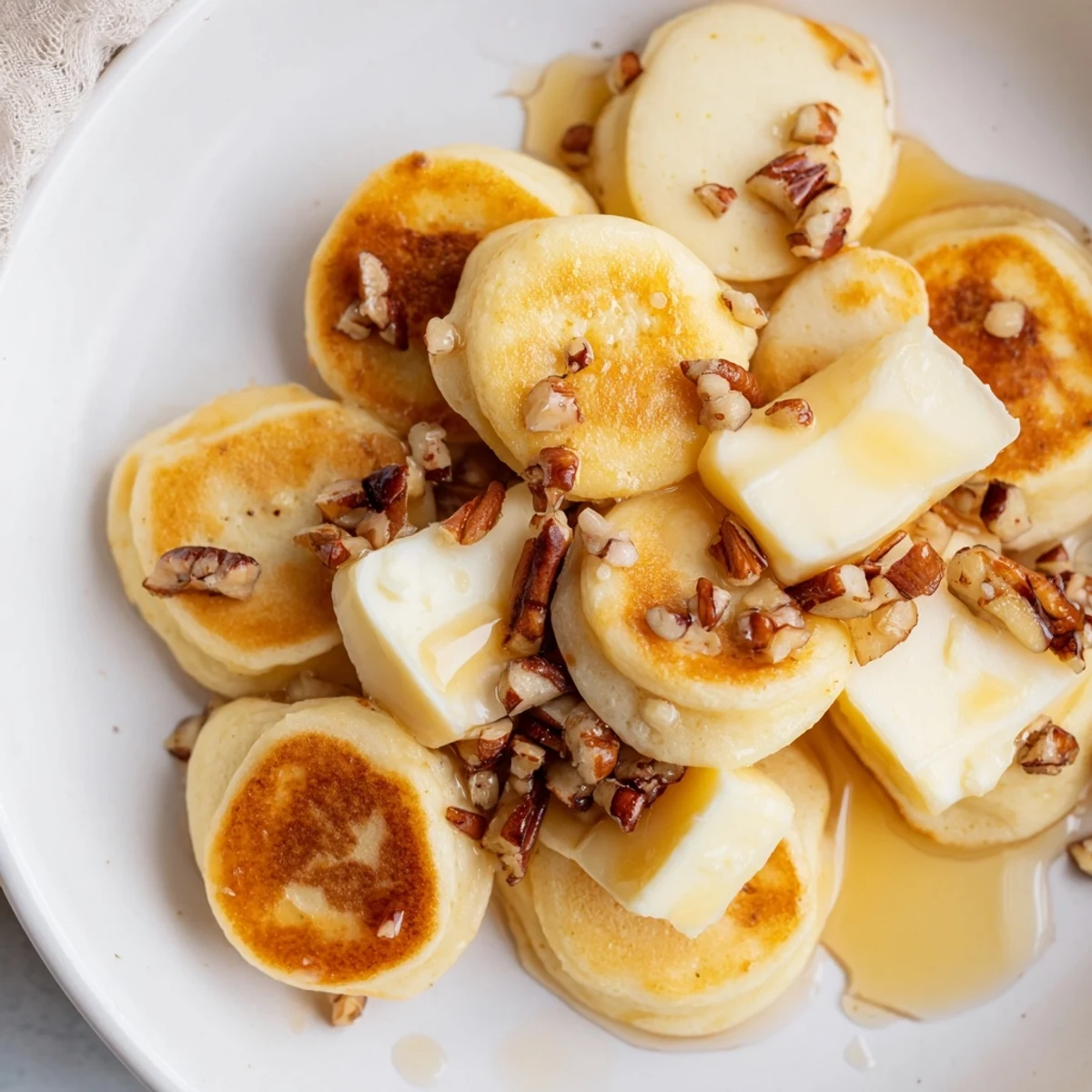 Golden-brown Pancake Brie Bites, a savory and sweet appetizer that's perfect for brunch gatherings.