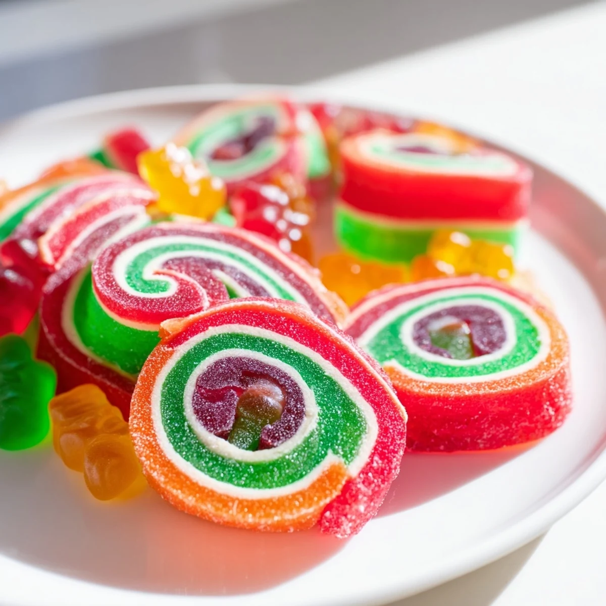 Vibrant Rainbow Candy Roll Ups, filled with colorful gummies, ready to eat and enjoy as a snack.