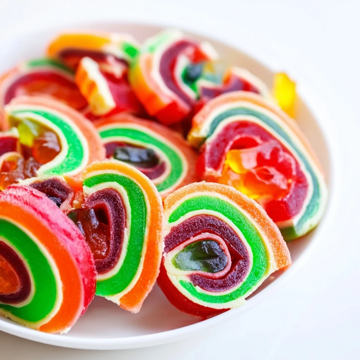 Cool, colorful pinwheels of Rainbow Candy Roll Ups showcasing a delightful array of chewy candies.