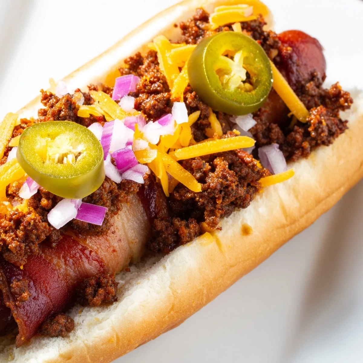 Golden-brown Mexican Hot Dogs with crispy bacon, juicy beef, and spicy jalapeños, ready to serve.