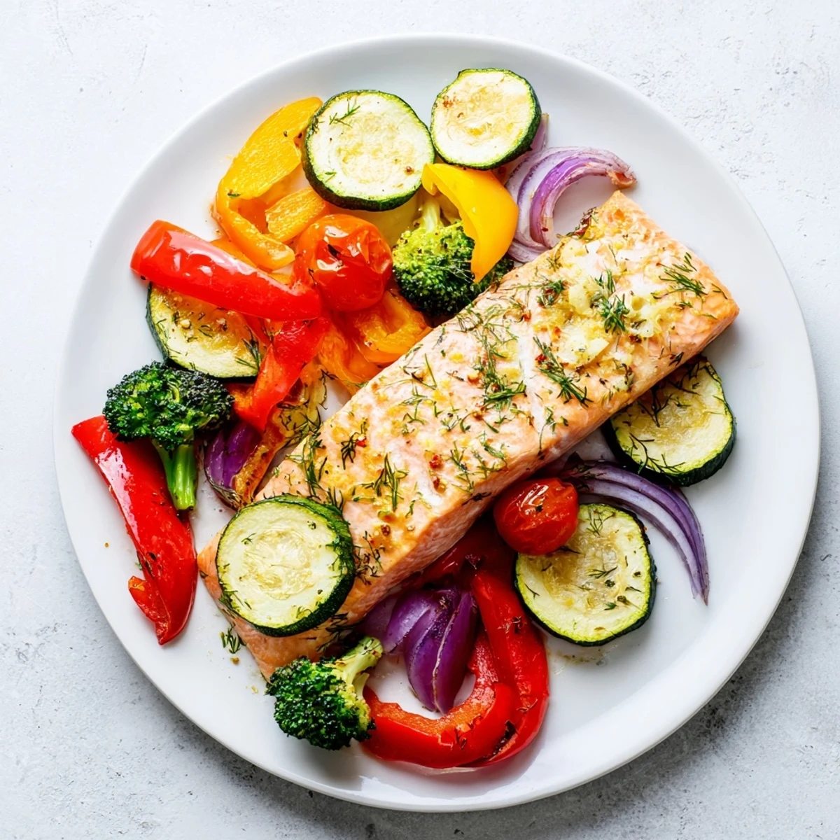 Golden-brown Salmon Sheet Pan Bake with roasted vegetables, a healthy, flavorful dinner.