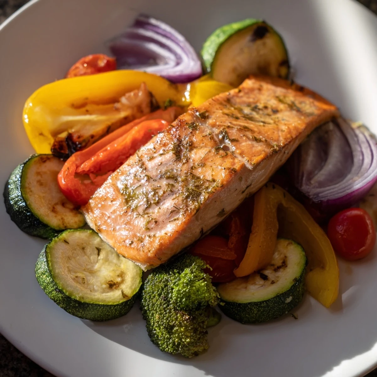 Vibrant image of a freshly made Salmon Sheet Pan Bake, showcasing flaky salmon and colorful veggies.