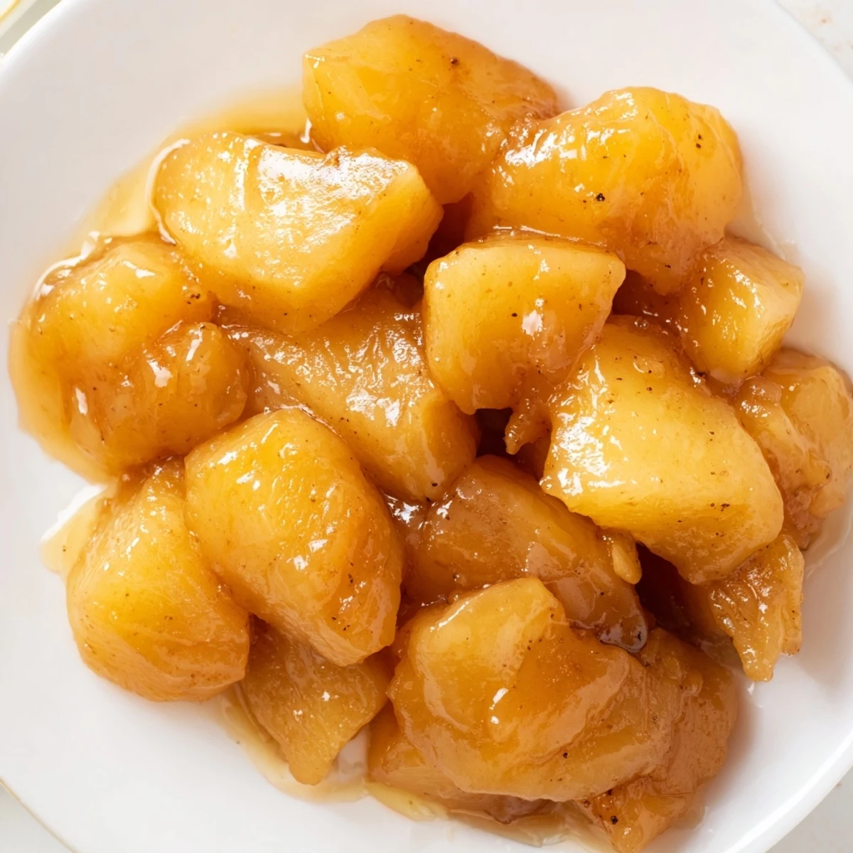 Enjoy the comforting sight of slow cooker stewed apples, perfectly textured, ready to be enjoyed warm.