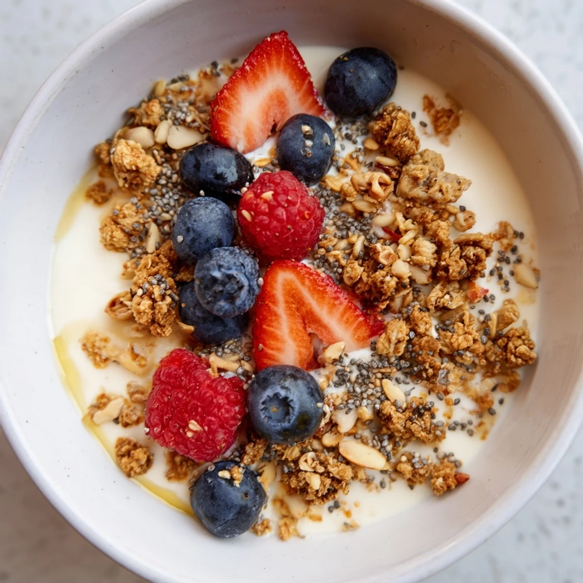 Creamy dry yogurt bowl topped with vibrant berries and crunchy granola for breakfast.