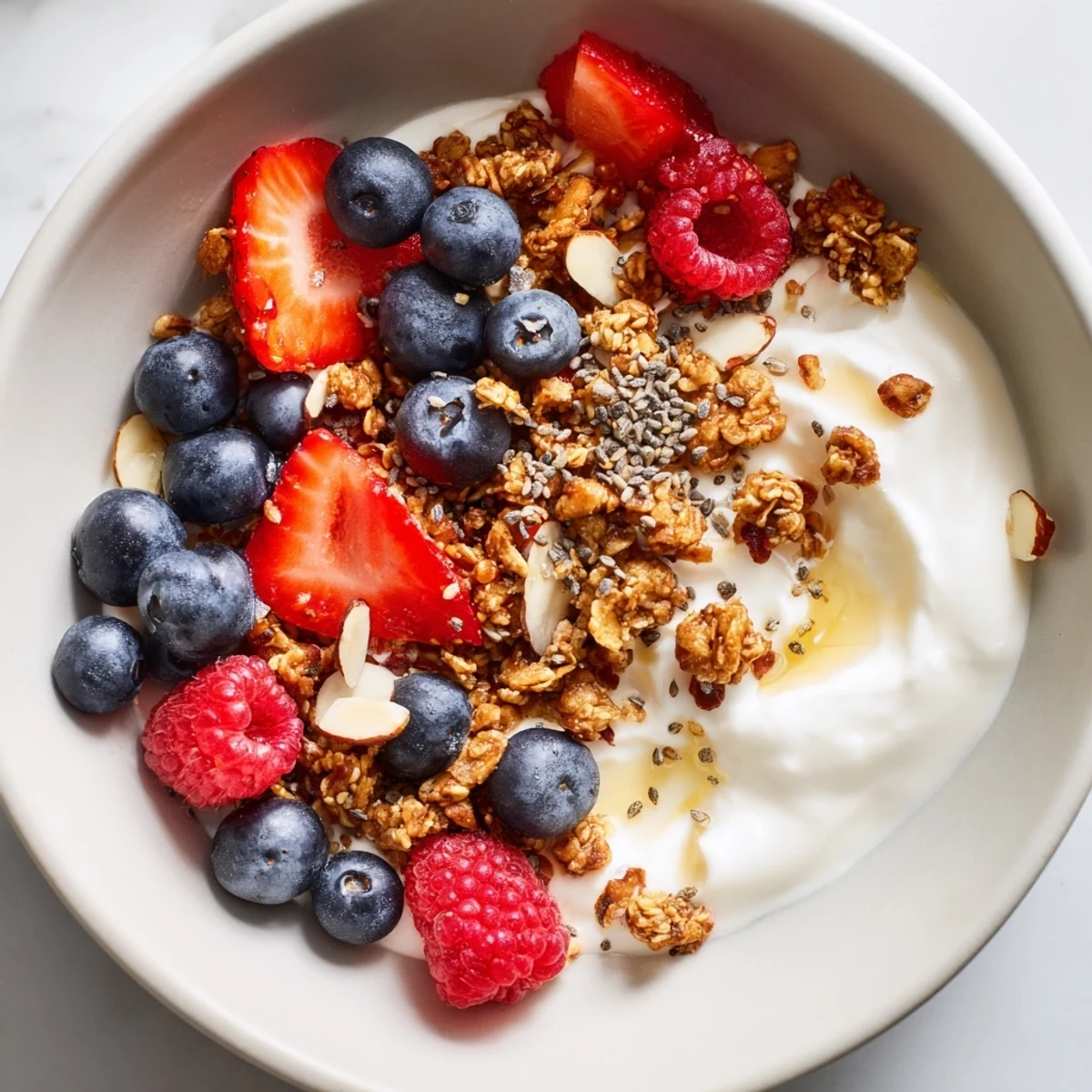 A close-up view of a healthy dry yogurt bowl, showing layered textures and flavors.
