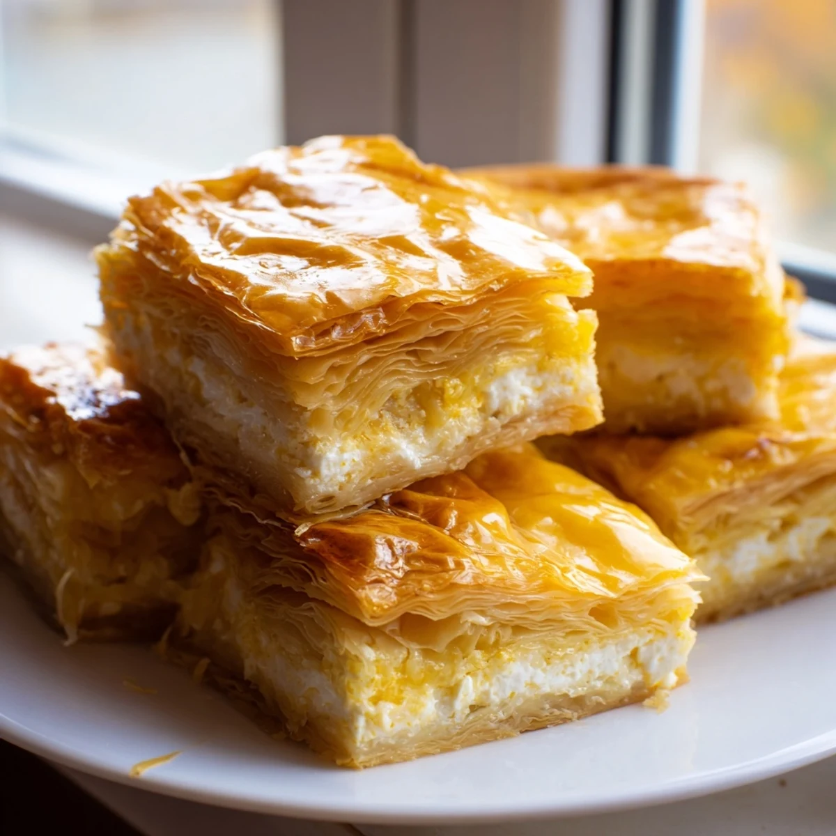 Golden, crispy Serbian Gibanica cheese pie, a layered delight perfect for brunch or dinner.