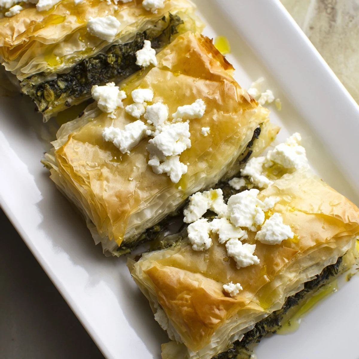 Golden, flaky Greek Spanakopita, filled with spinach and feta, ready to cut and serve.