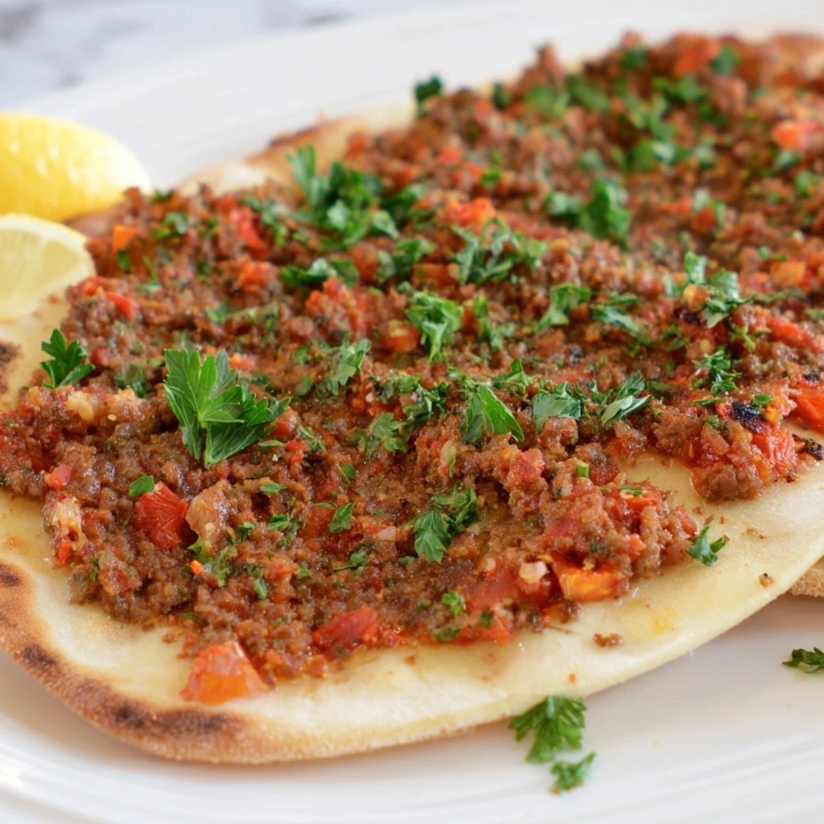 Crispy, thin Turkish Lahmacun flatbread topped with savory spiced meat, fresh from the oven.