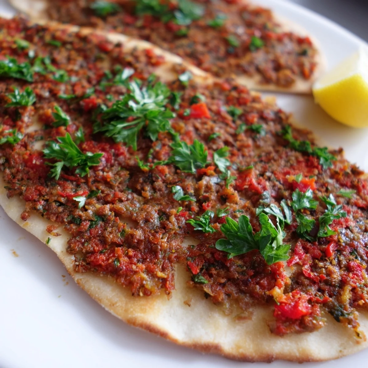 A close-up of recently baked Turkish Lahmacun showcases flavorful ground meat and vibrant veggie topping.