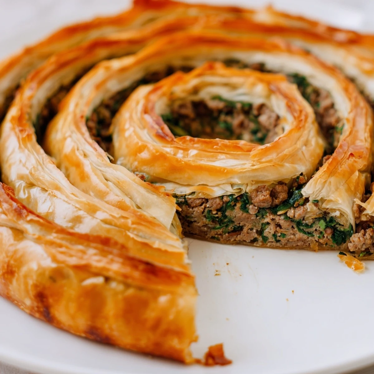 Golden, flaky Bosnian Burek pastry filled with spiced ground beef and spinach, ready to serve.