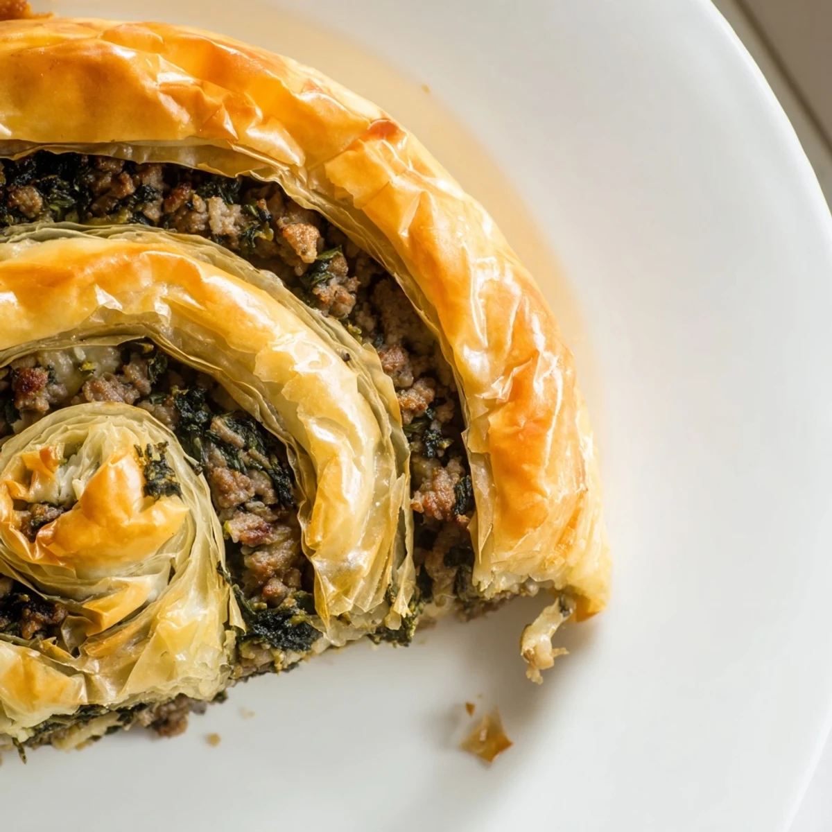 A close-up of a freshly baked, perfectly coiled Bosnian Burek pastry, aromatic and savory.