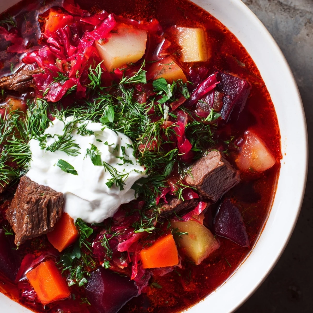 A steaming bowl of Ukrainian borscht soup, garnished with sour cream and fresh herbs, ready to savor.