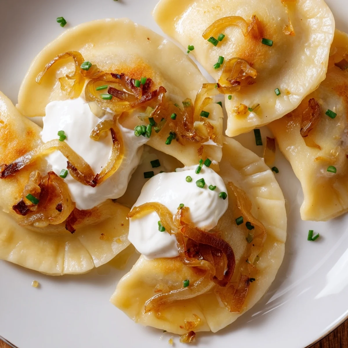 Golden, crispy Polish pierogi dumplings, filled with creamy potato and cheese, ready to enjoy.