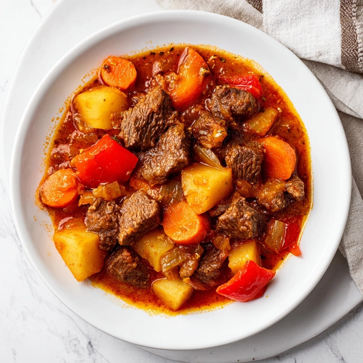 Steaming bowl of Hungarian Goulash Stew, showcasing tender beef and vibrant vegetables in a rich broth.