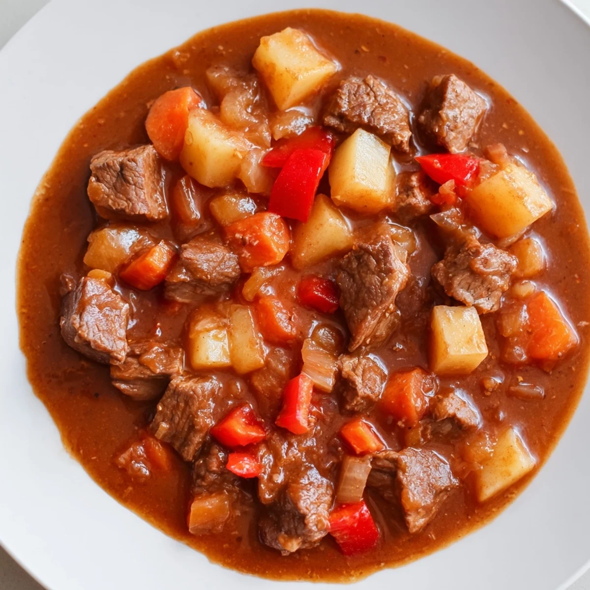 A close-up of a hearty Hungarian Goulash Stew, highlighting the rich red color and tender beef chunks.