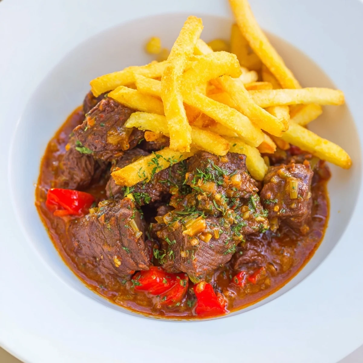 Tender beef in rich paprika sauce, served with crispy potato strips in this Czech Goulash.