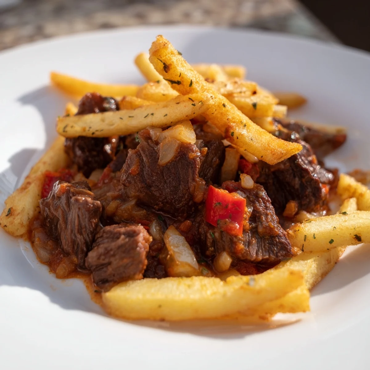 A steaming bowl of comforting Czech Goulash with golden, crispy potato fries on top.