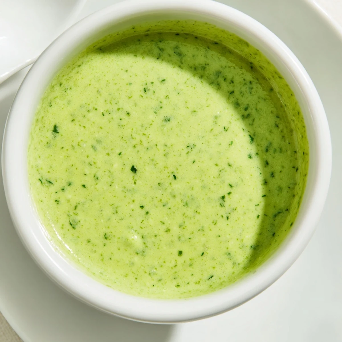 Creamy green goddess dressing blended with fresh herbs and lemon in a bowl.