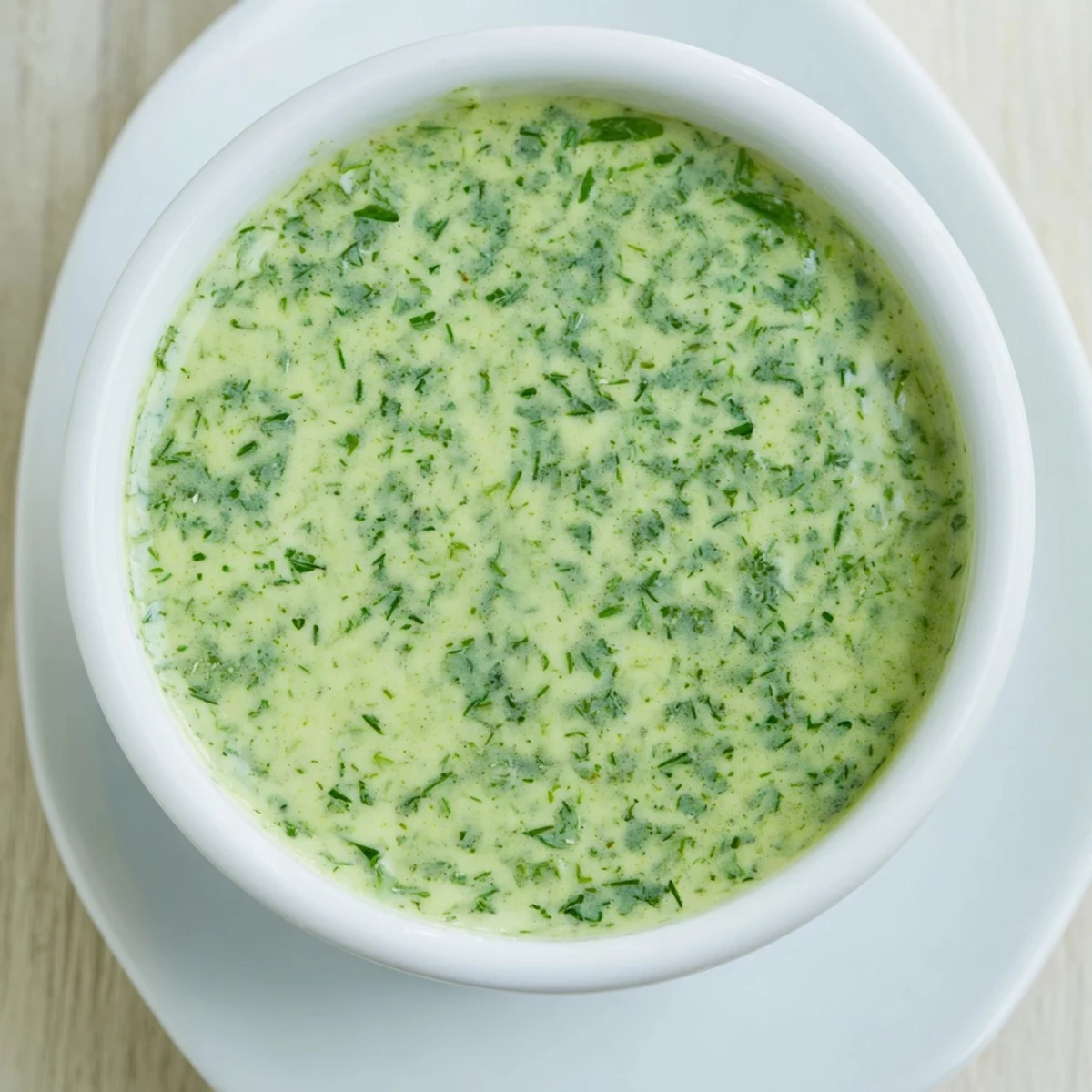 A glass jar filled with vibrant green goddess dressing, garnished with fresh tarragon.