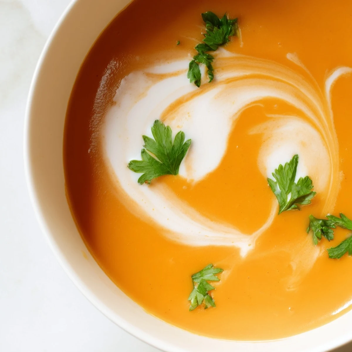The rich, velvety texture of Carrot-Based Creamy Soup is visible in a rustic, white ceramic bowl.
