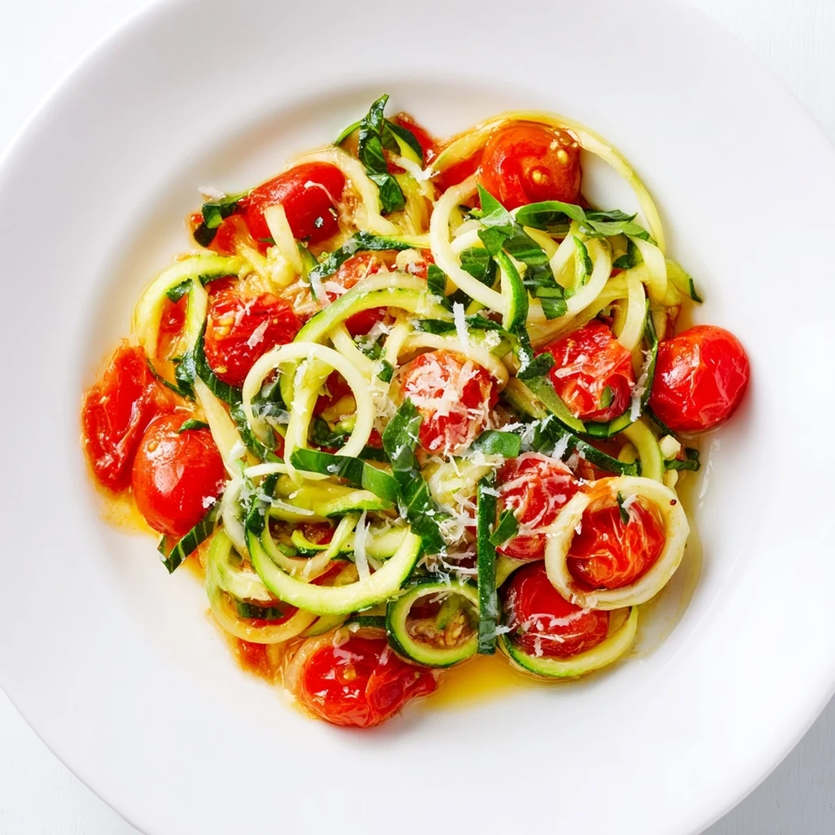 Freshly sautéed zucchini noodles tossed with a vibrant classic tomato basil sauce, topped with grated Parmesan cheese.
