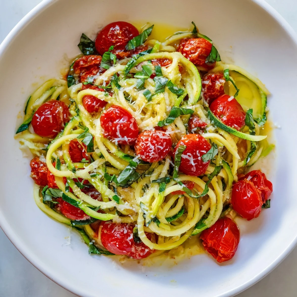 Creamy avocado pesto coated zucchini noodles, garnished with toasted pine nuts and a bright squeeze of lemon.