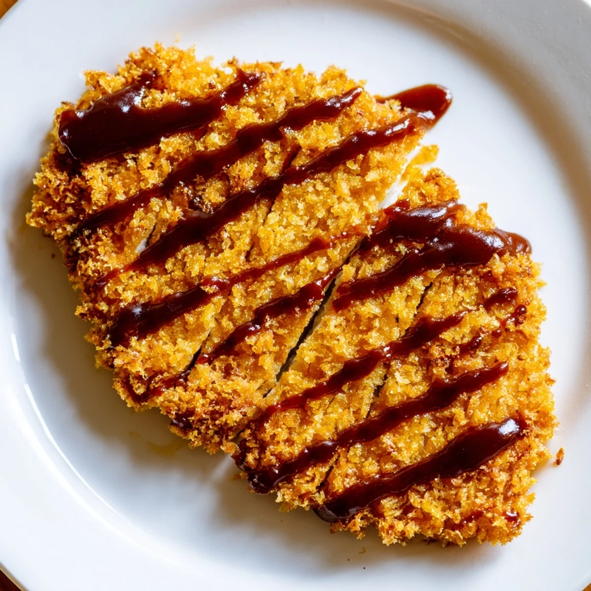 Golden-brown Chicken Katsu with crispy panko crust served on a plate with tangy tonkatsu sauce and lemon wedges.  
