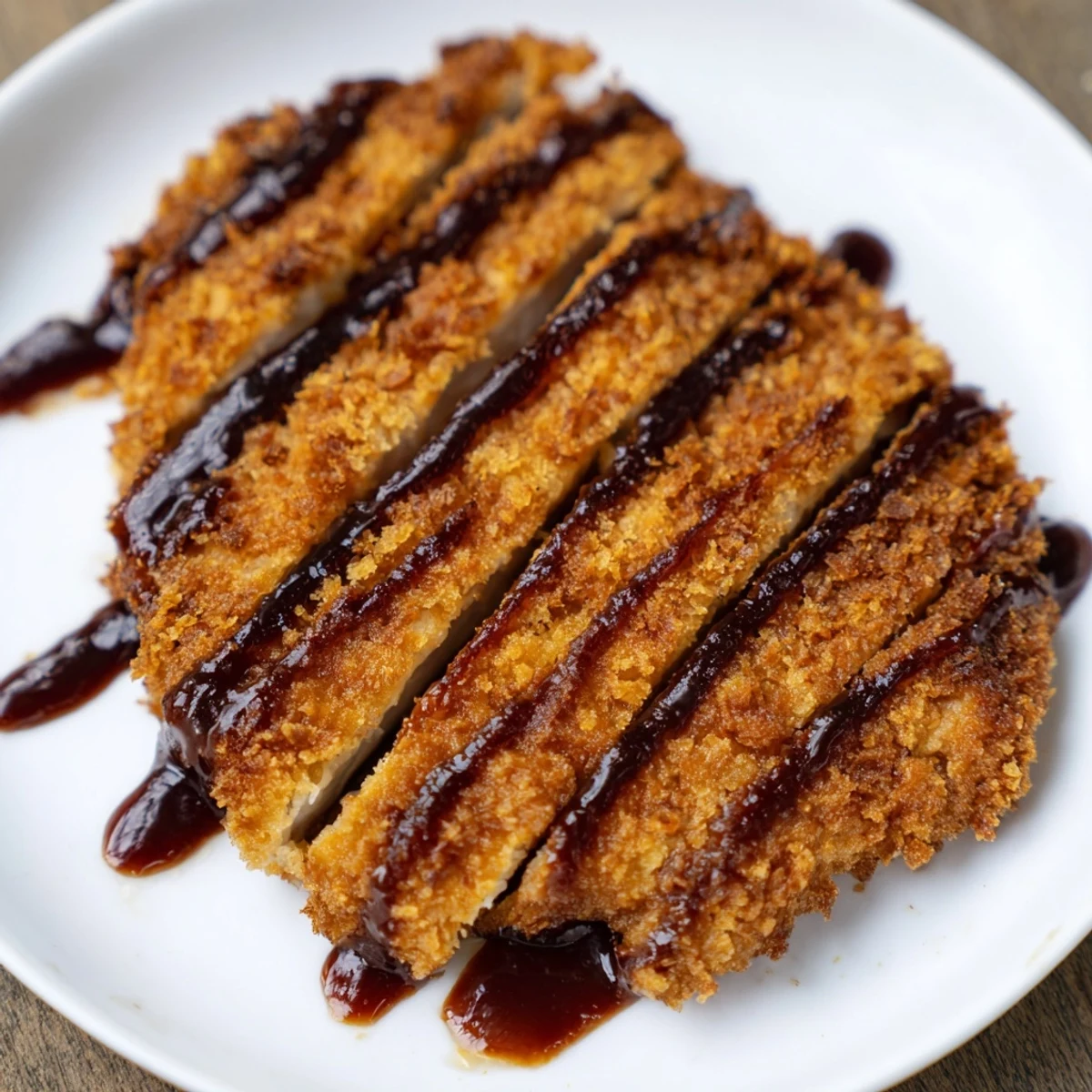 Freshly fried Chicken Katsu cutlet resting on shredded cabbage with a side of steamed rice.  