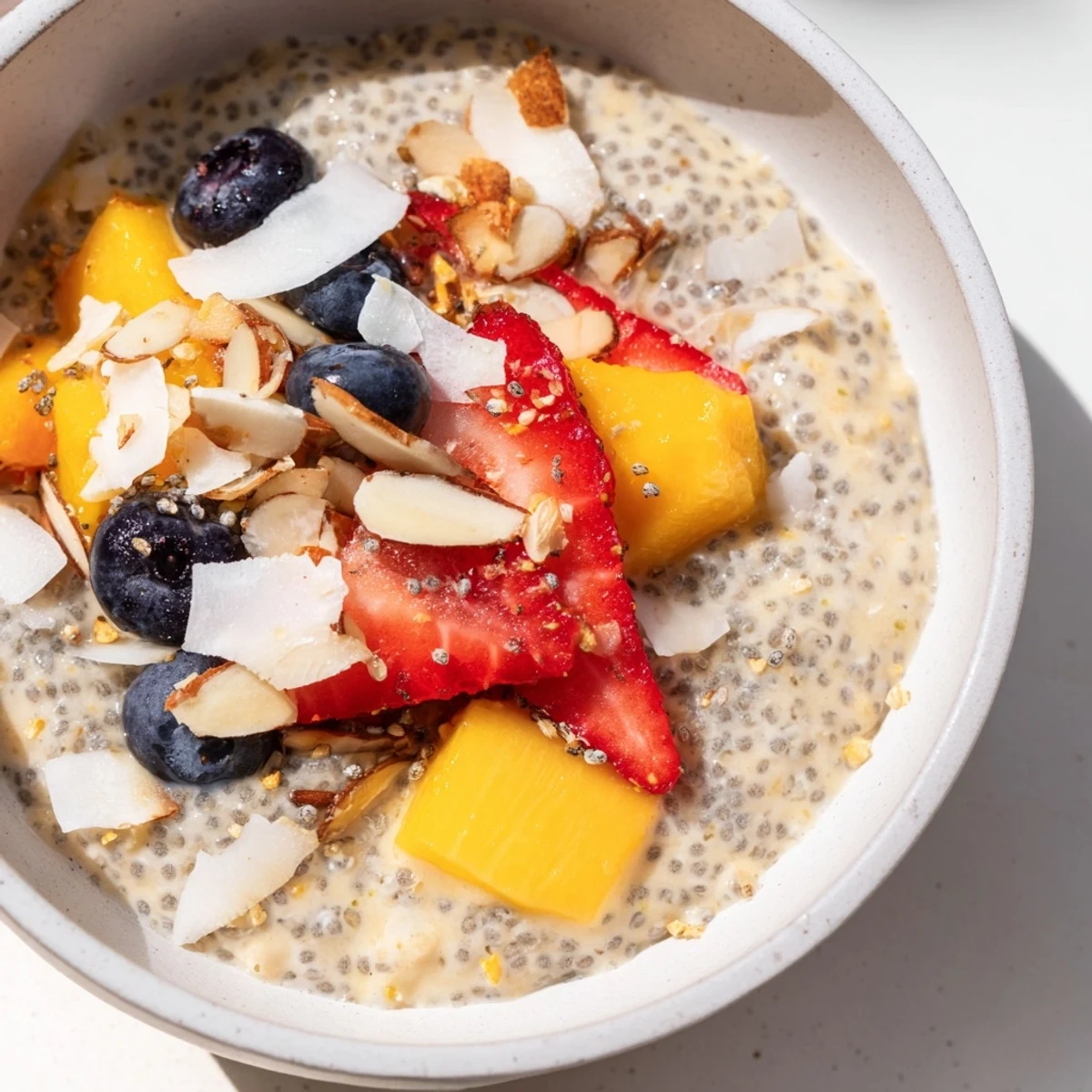 Chilled chia seed pudding in a glass jar, topped with sliced bananas and crunchy chopped nuts.