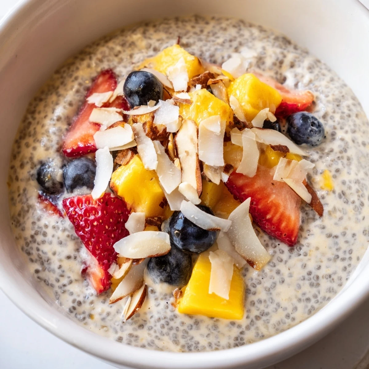 A bowl of vegan chia seed pudding, swirled with maple syrup and garnished with vibrant mango chunks.