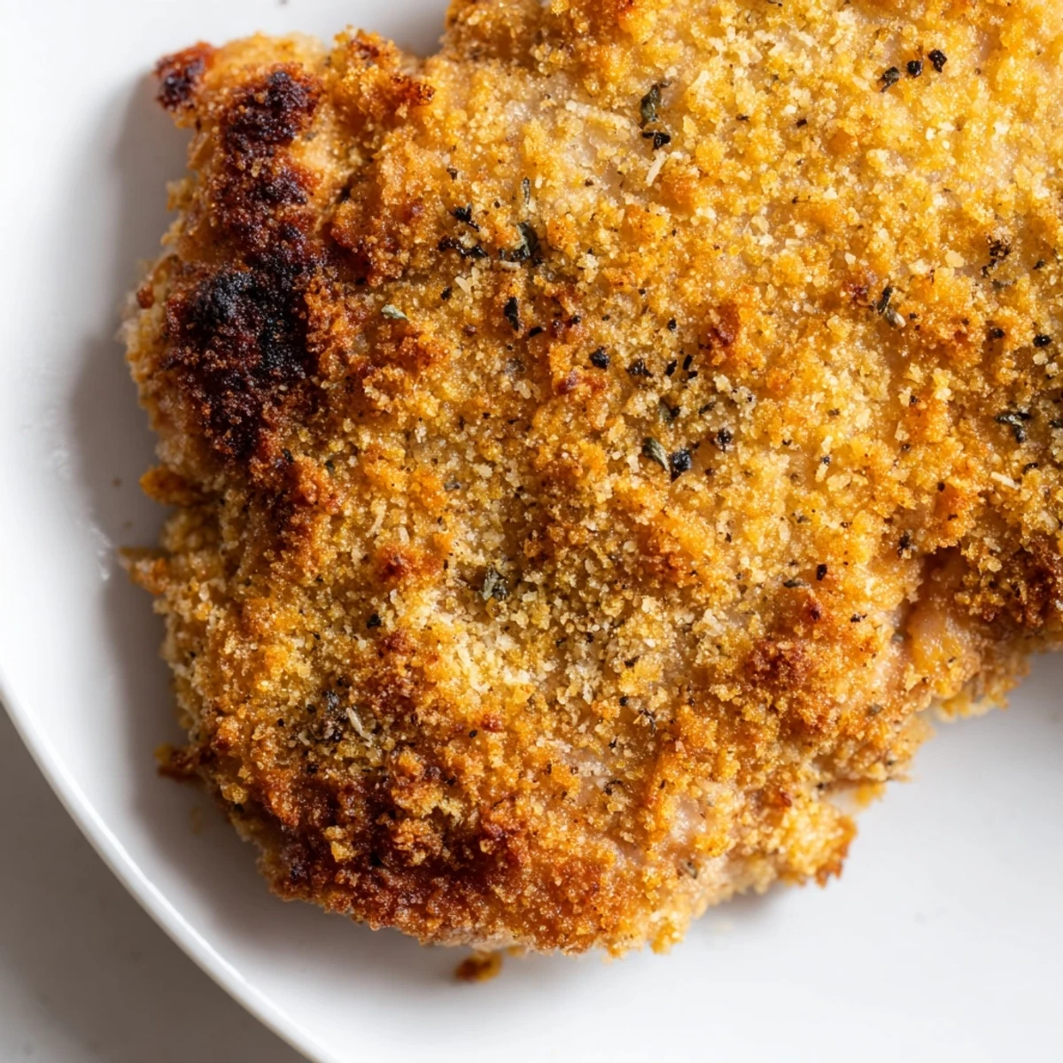 A golden-brown Crispy Parmesan Chicken Cutlet glistening on a white plate, garnished with fresh parsley and lemon wedges.