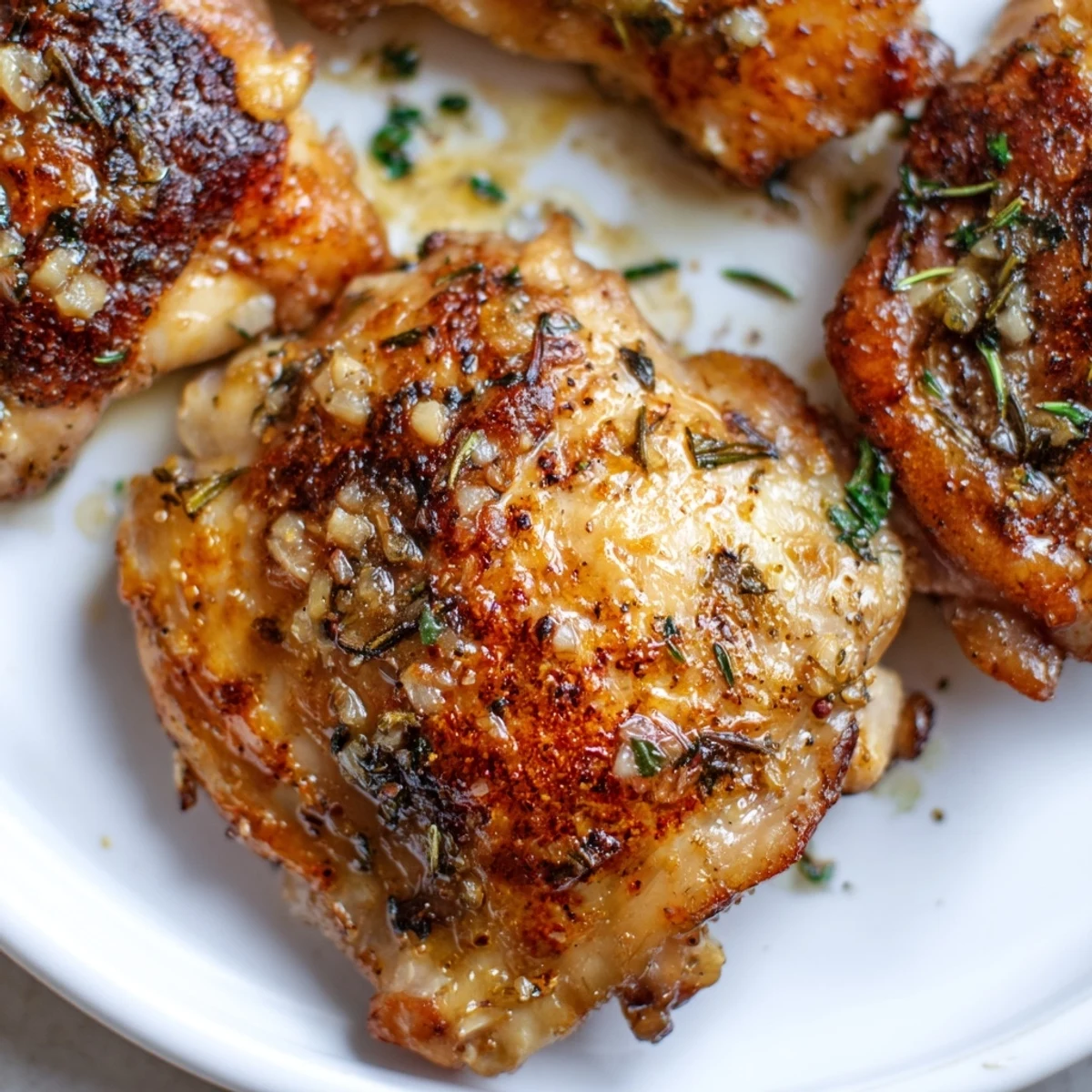 Garlic butter chicken thighs roasted until the skin is golden and crispy, served hot with fresh herbs.