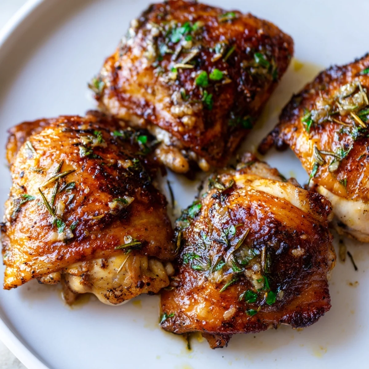 A close-up of juicy, bone-in chicken thighs in a rich garlic butter sauce with rosemary and thyme.