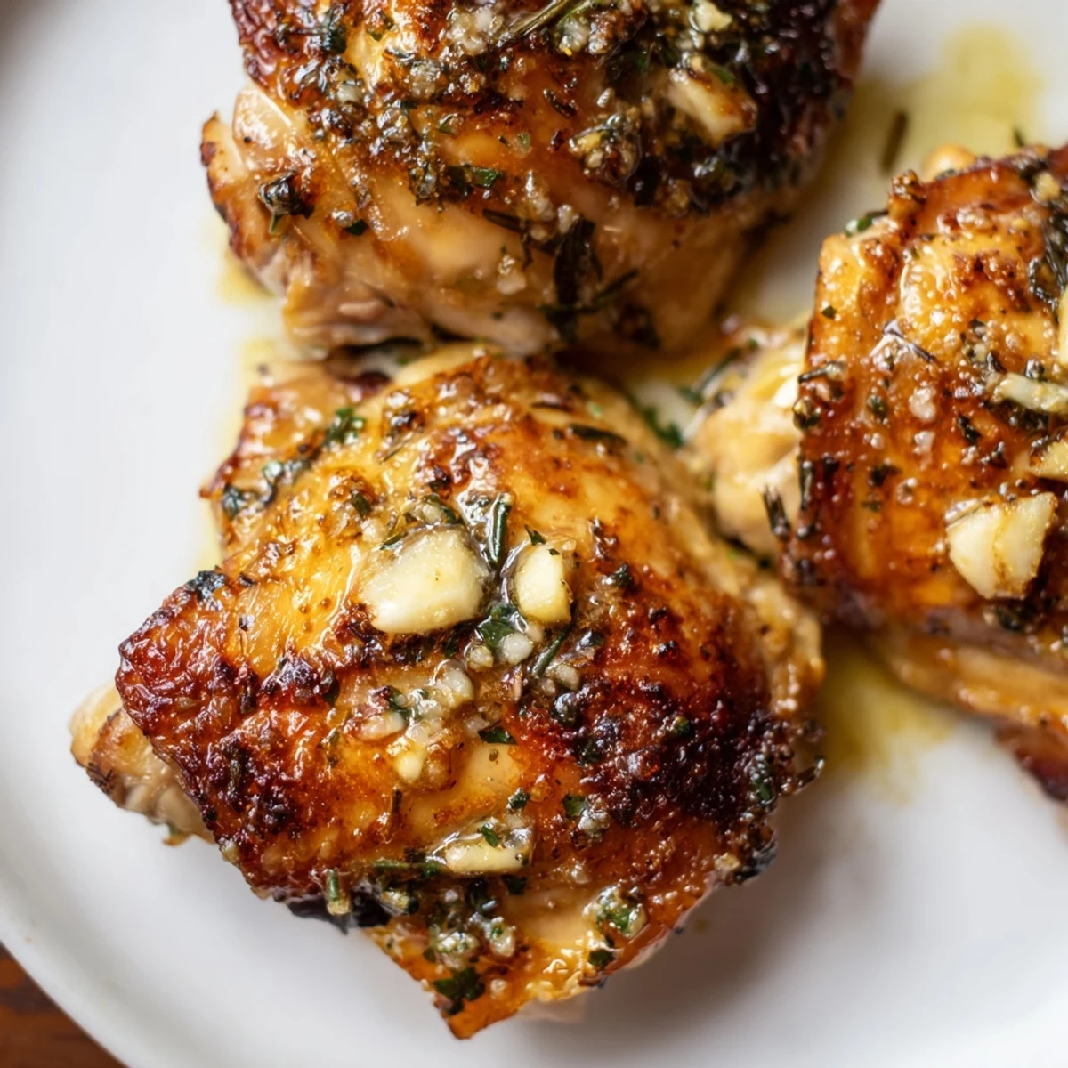 Savory roasted garlic butter chicken thighs glistening with herbs, perfect over mashed potatoes or roasted veggies.
