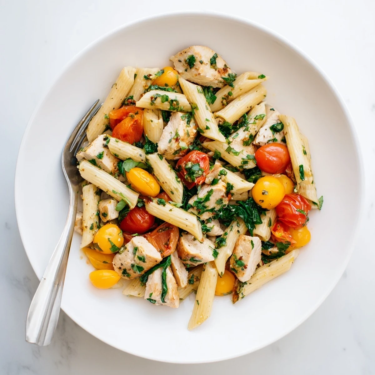 A close-up of One-Pan Lemon Herb Pasta Chicken, topped with melted Parmesan and fresh parsley, perfect for an easy weeknight Mediterranean meal.