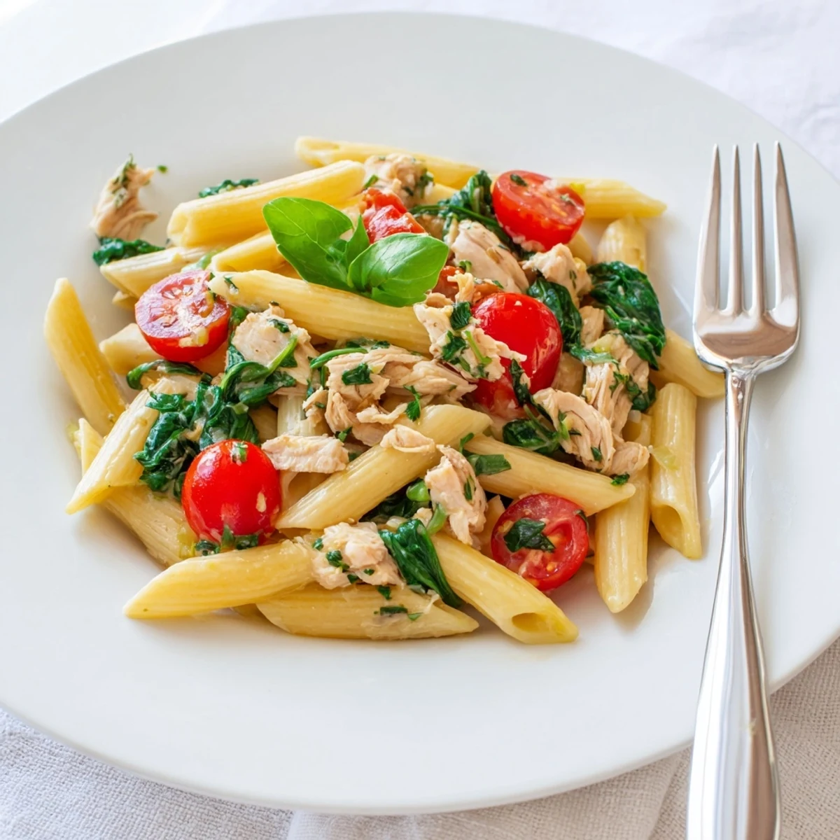 This One-Pan Lemon Herb Pasta Chicken showcases juicy chicken, cherry tomatoes, and herb-flecked pasta, ideal for serving four with a crisp white wine.